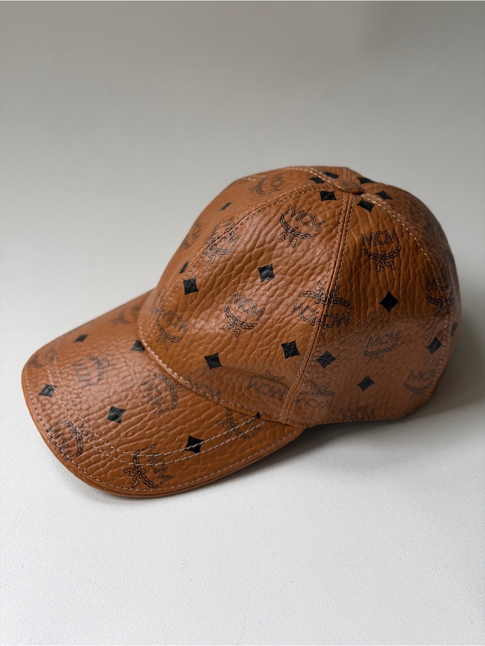 MCM Brown Monogram Leather Cap Genuine Leather Made in Italy